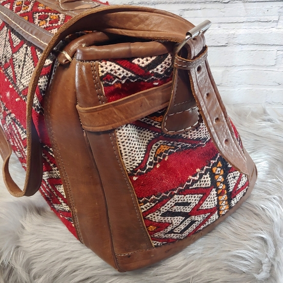 Moroccan Vtg Killim Leather Carry All Weekende - Picture 5 of 8